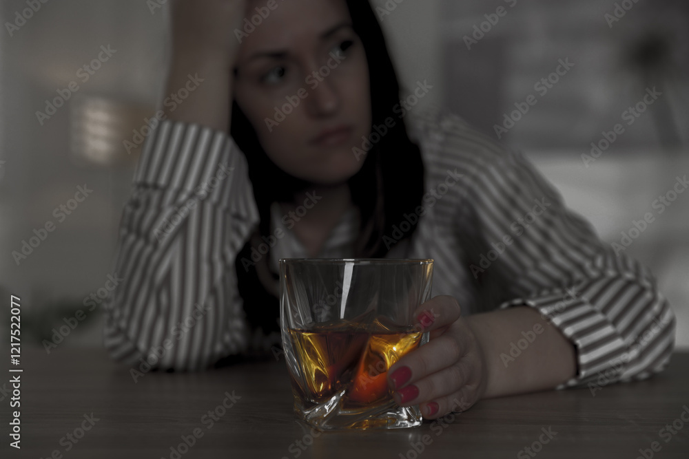 Alcohol addiction. Woman with glass of whiskey at table, selective focus Alcohol addiction. Woman with glass of whiskey at table, selective focus