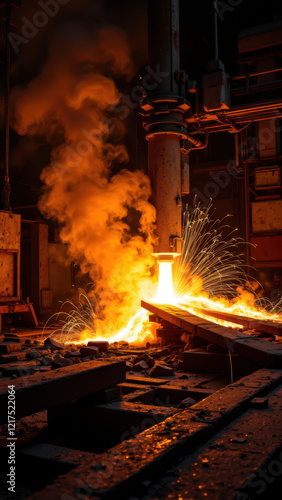 Firey industrial process in a factory setting.