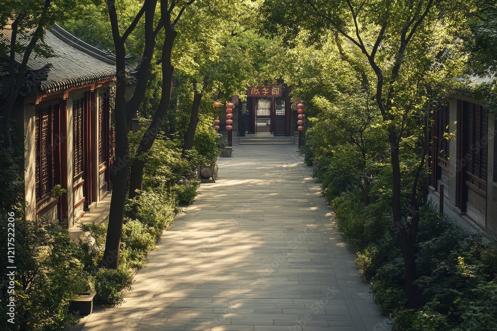 Tranquil Pathway Through Lush Green Garden Surrounded by Traditional Architecture and Illuminated Lanterns in a Serene Setting Tranquil Pathway Through Lush Green Garden Surrounded by Traditional Architecture and Illuminated Lanterns in a Serene Setting