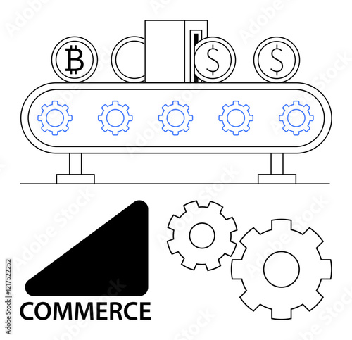 Conveyor belt converting various currencies, represented by Bitcoin and dollar symbols. Ideal for commerce, finance, cryptocurrency, economics, technology, automation industry. Line metaphor