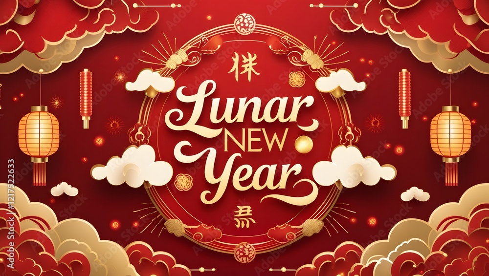 Naklejka premium A vibrant illustration celebrating the Lunar New Year, featuring red lanterns, ornate patterns, and a festive atmosphere.