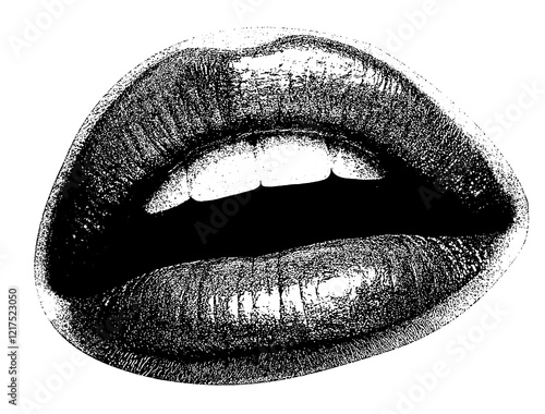Female mouth with halftone stipple effect, for grunge punk y2k collage design. Black lips and mouth photocopy effect