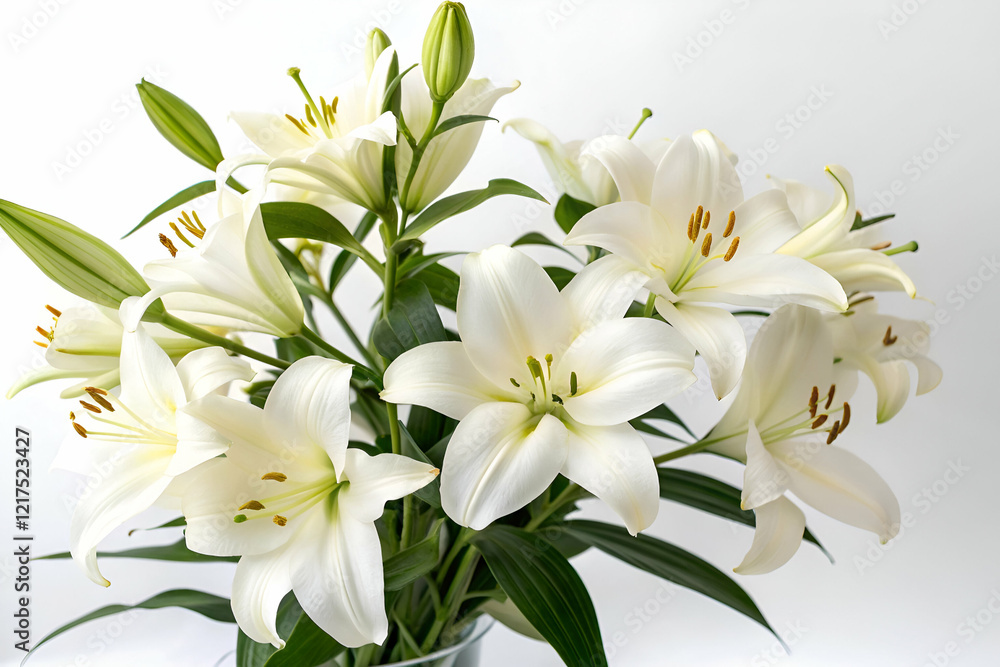 A bouquet of elegant white lilies, showcasing their delicate petals and vibrant green leaves against a clean background. A bouquet of elegant white lilies, showcasing their delicate petals and vibrant green leaves against a clean background.