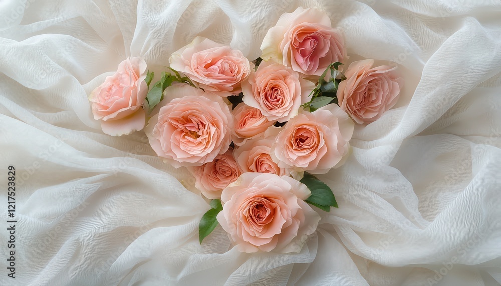 Heart-Shaped Arrangement of Peach and Pink Roses on White Lace Fabric Heart-Shaped Arrangement of Peach and Pink Roses on White Lace Fabric