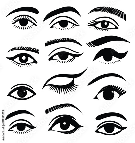 Set of different female eyes. Illustration isolated on white background. Eye icon set. Eyelash extensions, mascara, eyelashes, eyelash extensions. Set of women's eyes. Different types of eyes.	