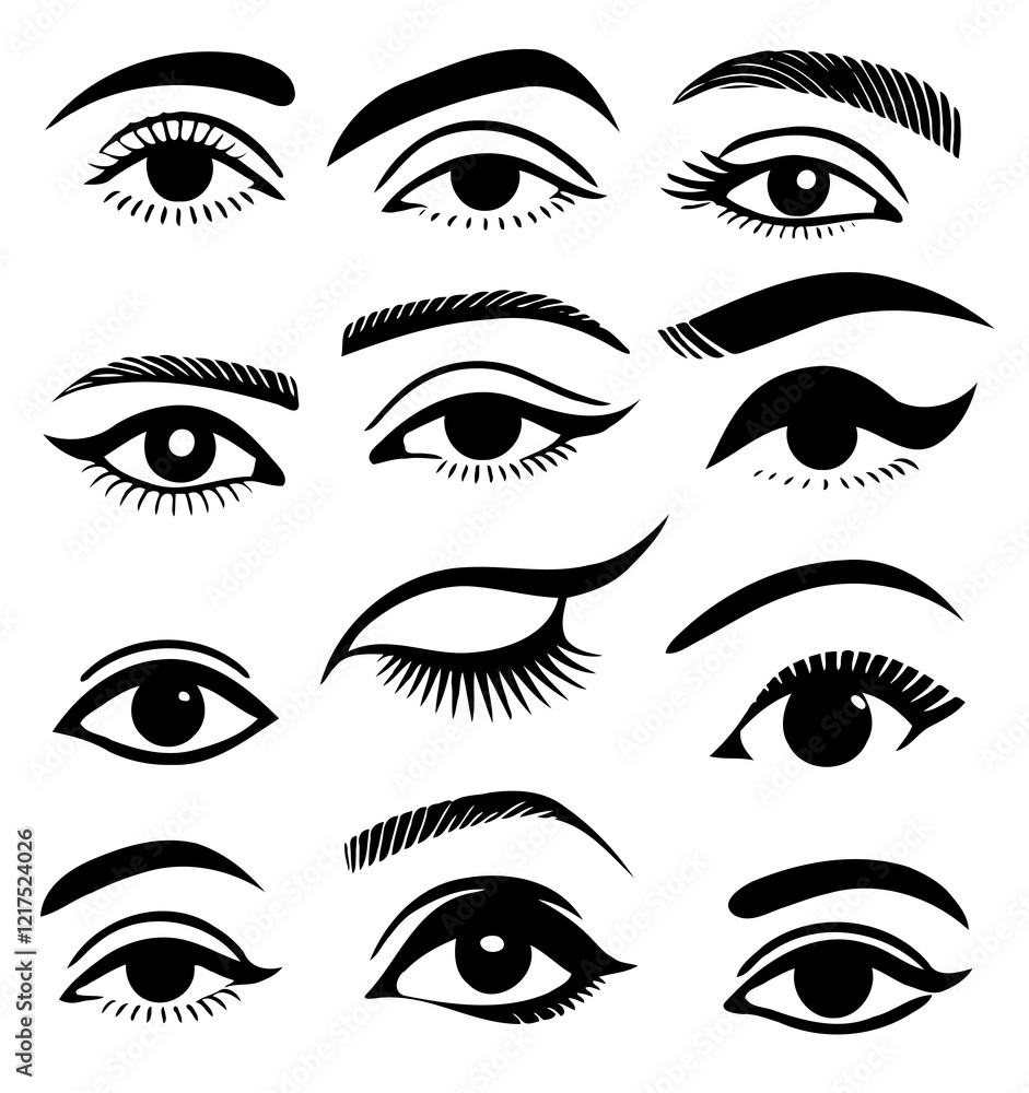 Set of different female eyes. Illustration isolated on white background. Eye icon set. Eyelash extensions, mascara, eyelashes, eyelash extensions. Set of women's eyes. Different types of eyes. Set of different female eyes. Illustration isolated on white background. Eye icon set. Eyelash extensions, mascara, eyelashes, eyelash extensions. Set of women's eyes. Different types of eyes.
