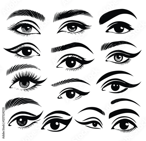 Set of different female eyes. Illustration isolated on white background. Eye icon set. Eyelash extensions, mascara, eyelashes, eyelash extensions. Set of women's eyes. Different types of eyes.	