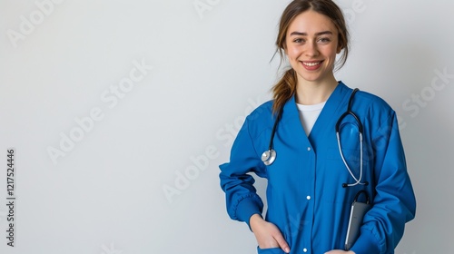 A confident female healthcare professional in blue scrubs with a stethoscope exemplifies cheerfulness. Trusted in clinical settings, shes an invaluable member of the medical staff