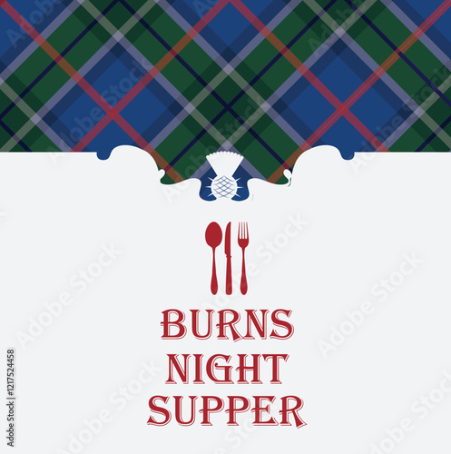 Burns night supper card on tartan background. 
