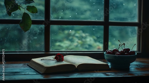 Rainy day, book, rose, cherries, windowsill, cottagecore, calm, reading photo