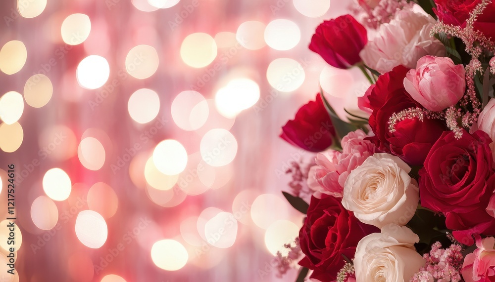 Romantic Bouquet of Red and Pink Roses and Tulips with Soft Bokeh Lights Background Romantic Bouquet of Red and Pink Roses and Tulips with Soft Bokeh Lights Background