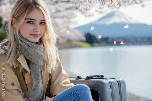 A springtime at Japan’s Mount Fuji over the shores of Lake Kawaguchi with cherry blossoms. a young blonde female traveler in light spring attire sits thoughtfully on her suitcase. photo