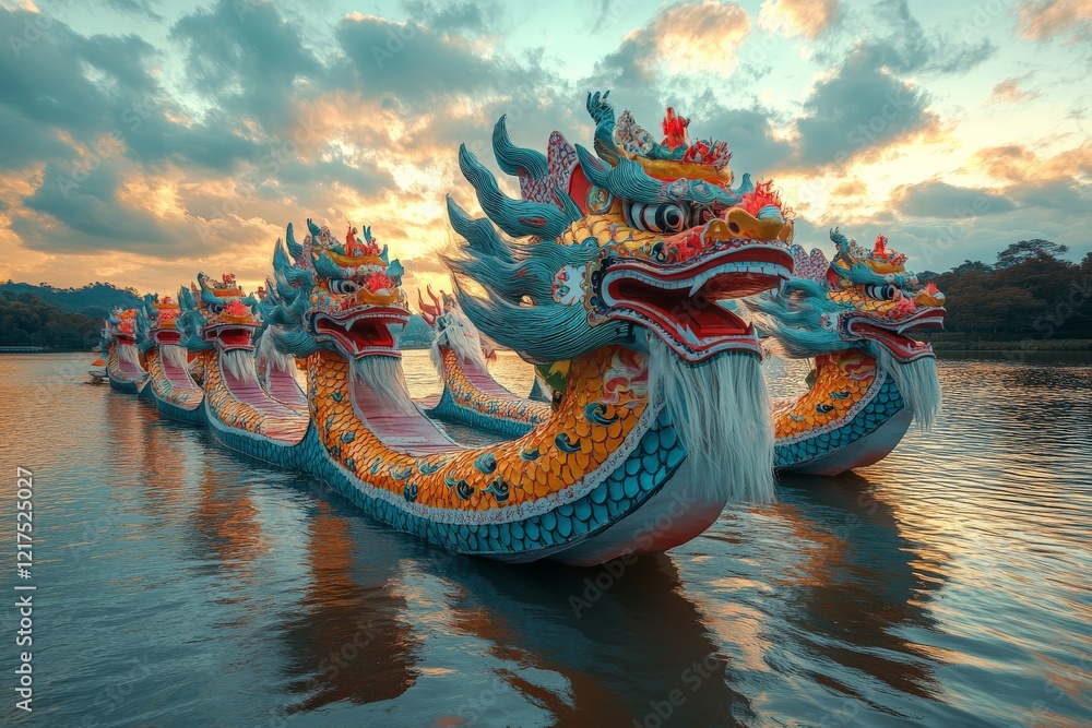 Fototapeta premium Dragon boats glide across the water during a colorful sunset in an enchanting lakeside setting