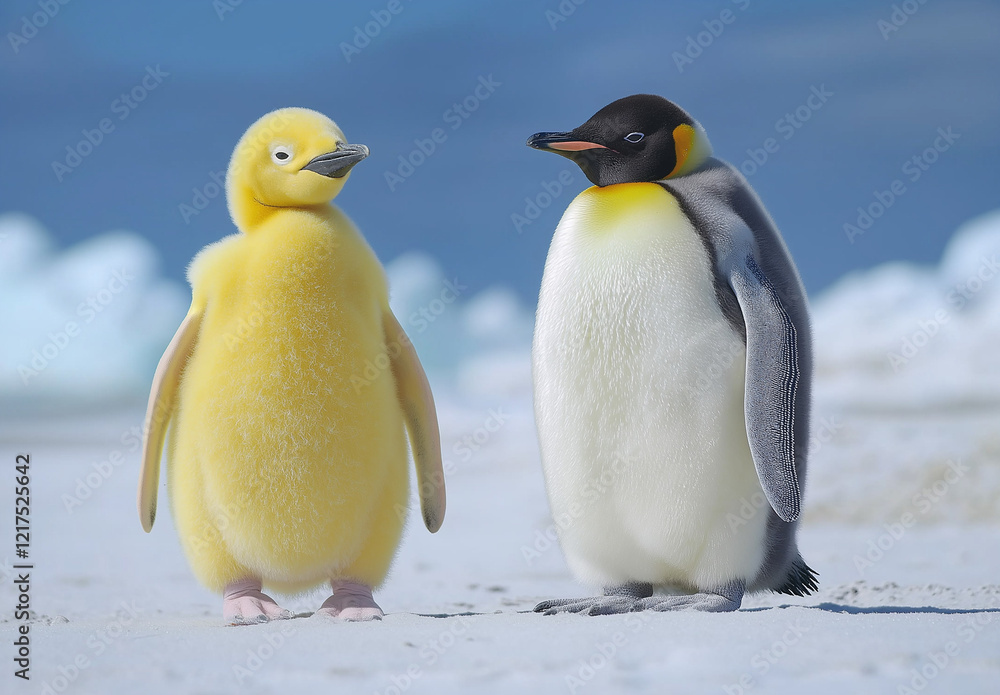 Obraz premium A yellow penguin walks next to an emperor penguin on the beach of the South Shetland Islands,