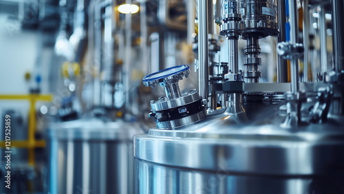 Modern and advance chemical production plant, close-up of stainless steel industrial chemical reactor, chemical reaction