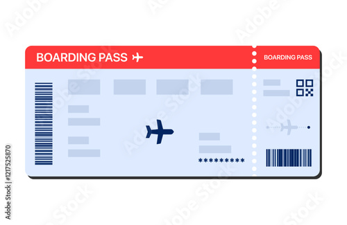 Boarding pass vector illustration. Air plane ticket template. Airline flight pass concept. Blue departure document. Red airplane ticket design. Blank boarding pass template isolated.