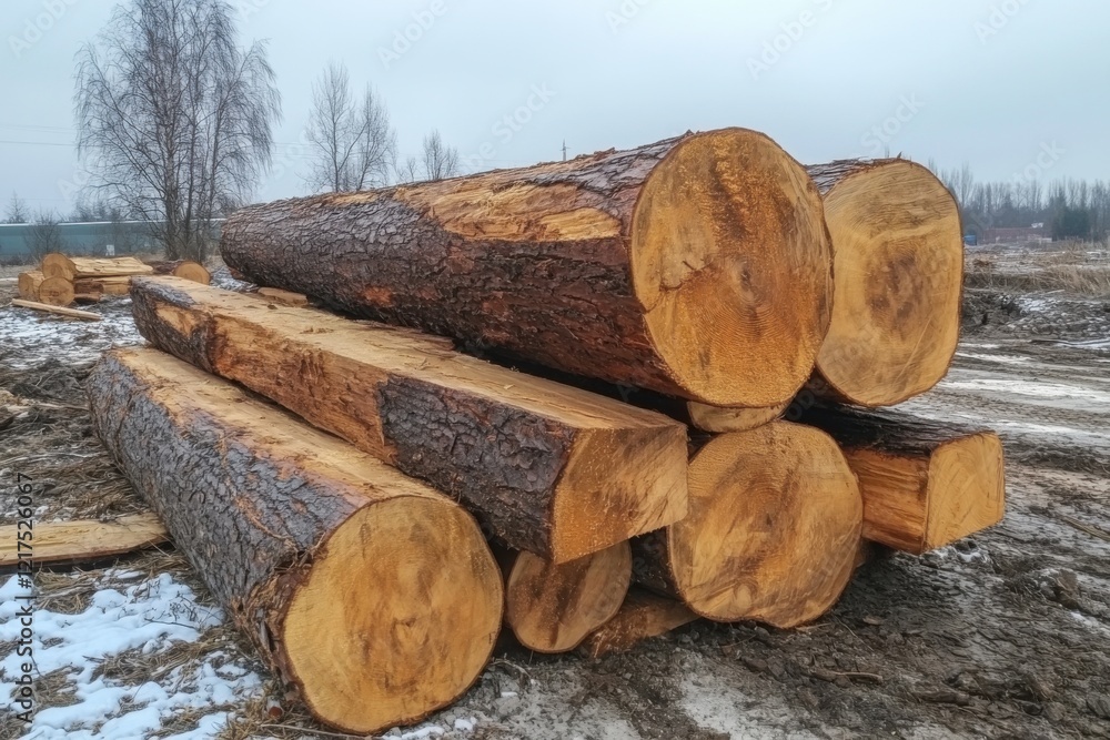 Stack of freshly cut tree logs placed outdoors on a snowy ground, showcasing raw timber ready for industrial or construction use Stack of freshly cut tree logs placed outdoors on a snowy ground, showcasing raw timber ready for industrial or construction use