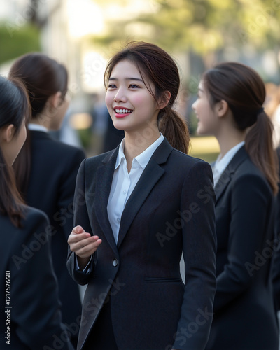 A small group of young Asian women in dark-sharply tailored suits, gathered in a public park with a modern building in the background. photo