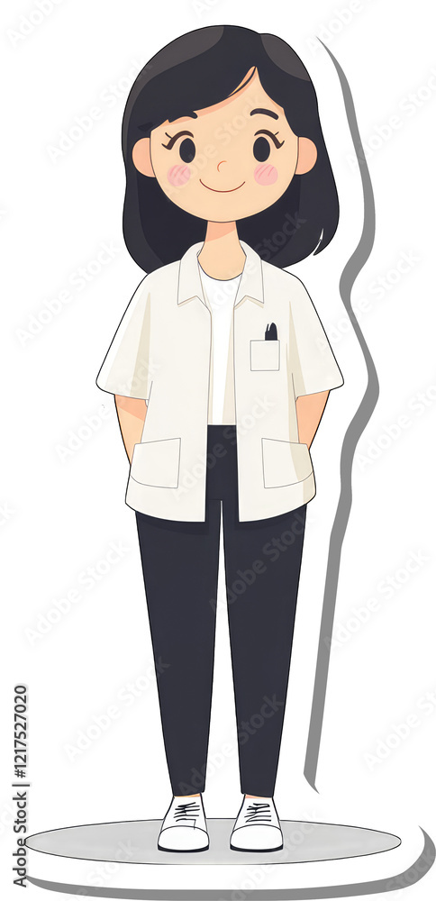 A young woman stands wearing a white coat and dark pants A young woman stands wearing a white coat and dark pants