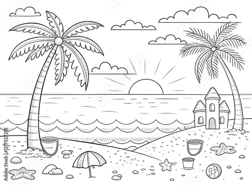 kids beach drawing coloring sheet, Fun Beach Day Coloring book for Kids – Sandcastles, Palm Trees, and Ocean Waves
