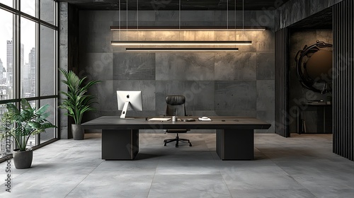 Wallpaper Mural Modern Dark Office, City View, Desk, Plants, Meeting Torontodigital.ca