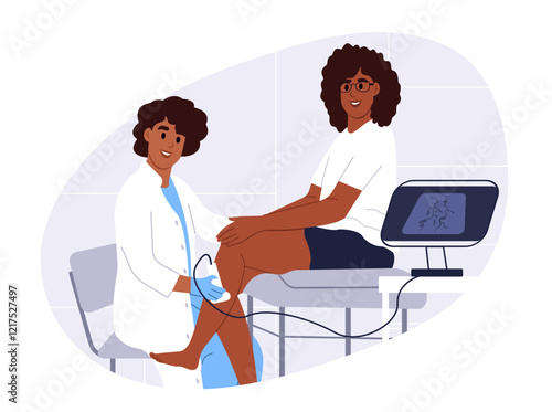 Ultrasound scan of veins in clinic. Consultation of a phlebologist or vascular surgeon. Diagnosis and prevention of varicose veins, thrombosis. Examination of varicose veins. Deep-Vein Thrombosis