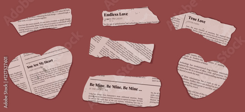 Old Newspaper Clipping Sets of the hearts and other shapes with romantic text. Vector Illustration of cut out retro Collage for typography and nostalgic vintage designs