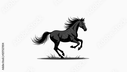 Black horse galloping in grassy field, symbolizing freedom