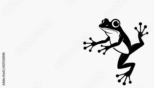Black silhouette of a frog climbing on a white background, dynamic freedom