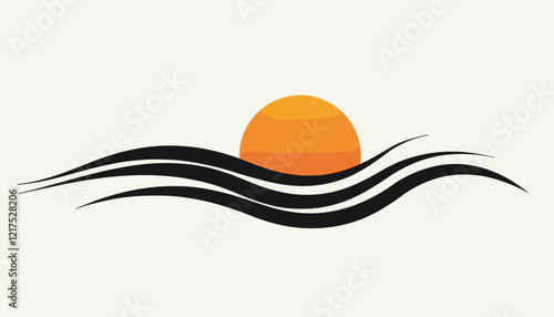 Abstract sunset over black waves, minimalist serenity