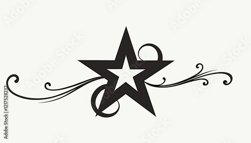 Black star design with decorative swirls on light background, artistic elegance