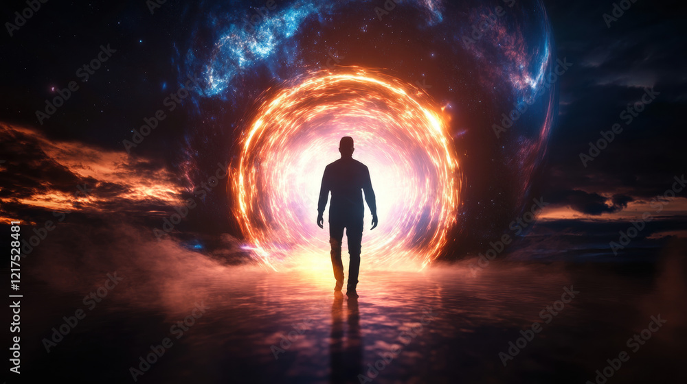 Fototapeta premium A translucent figure with veins of light, emerging from a glowing portal on an alien planet.