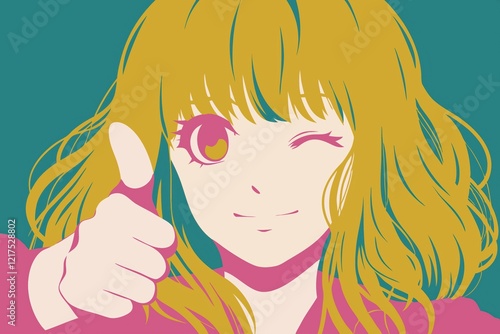 元気いっぱいのアニメ少女のウィンクとサムズアップ
