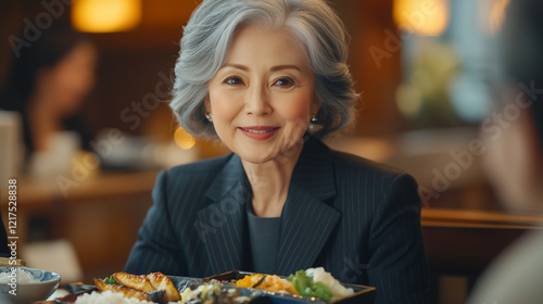 A senior Japanese woman in a dark sharp suit sitting at a table in a local Asian restaurant. photo