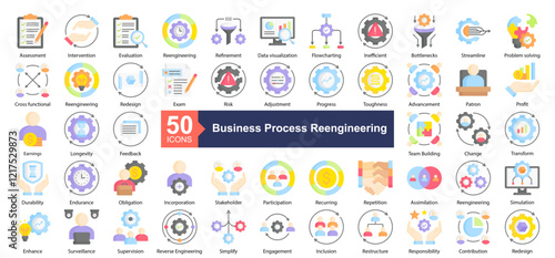 Business Process Reengineering Icon Collection Set.Containing Assessment, Intervention, Evaluation, Reengineering, Refinement, Data visualization, icon. Simple flat style Vector Illustration.