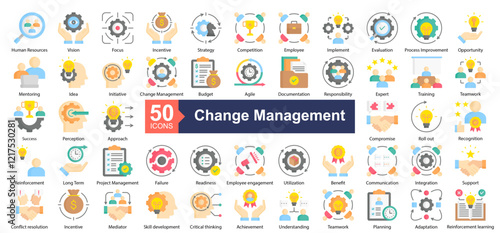 Change Management Icon Collection Set.Containing Human Resources, Vision, Focus, Incentive, Strategy, Competition, Employee, Implement, Evaluation icon. Simple flat style Vector Illustration.