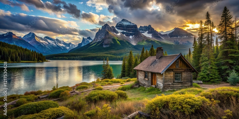 Naklejka premium Abandoned cabin, breathtaking Maligne Lake scenery: a Canadian Rockies photography adventure.