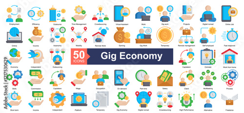 Gig Economy Icon Collection Set.Containing Employment, Efficiency, Outsource, Time management, Crowdsourcing, Virtual Assistant, Work, Gig work icon. Simple flat style Vector Illustration.