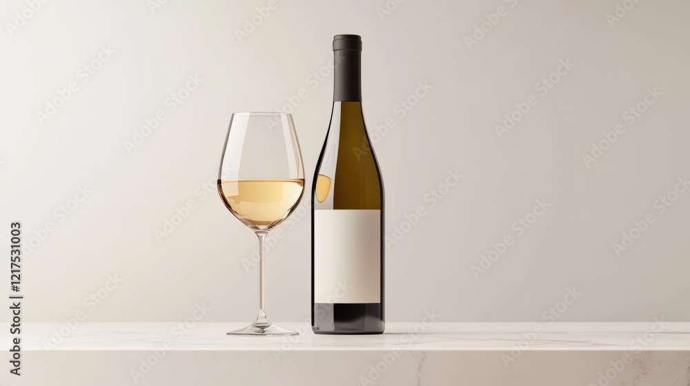 Bottle of white wine with a blank label and a glass of wine on a marble surface against a neutral background. Minimalist product mockup with copy space for branding and advertising. Bottle of white wine with a blank label and a glass of wine on a marble surface against a neutral background. Minimalist product mockup with copy space for branding and advertising.