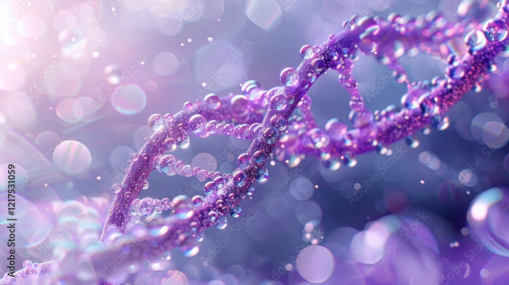 Shimmering purple DNA double helix spiral with light bokeh and bubbles, gracefully floating on a blue background Shimmering purple DNA double helix spiral with light bokeh and bubbles, gracefully floating on a blue background