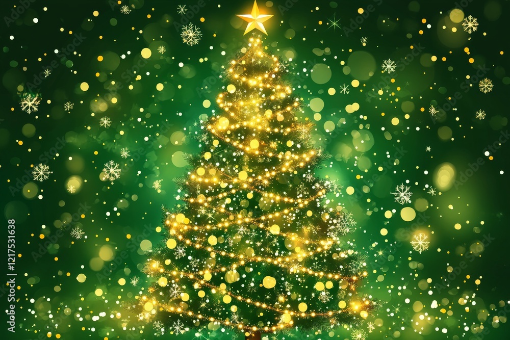 Shimmering Christmas tree adorned with golden lights and decorations amid festive winter atmosphere Shimmering Christmas tree adorned with golden lights and decorations amid festive winter atmosphere