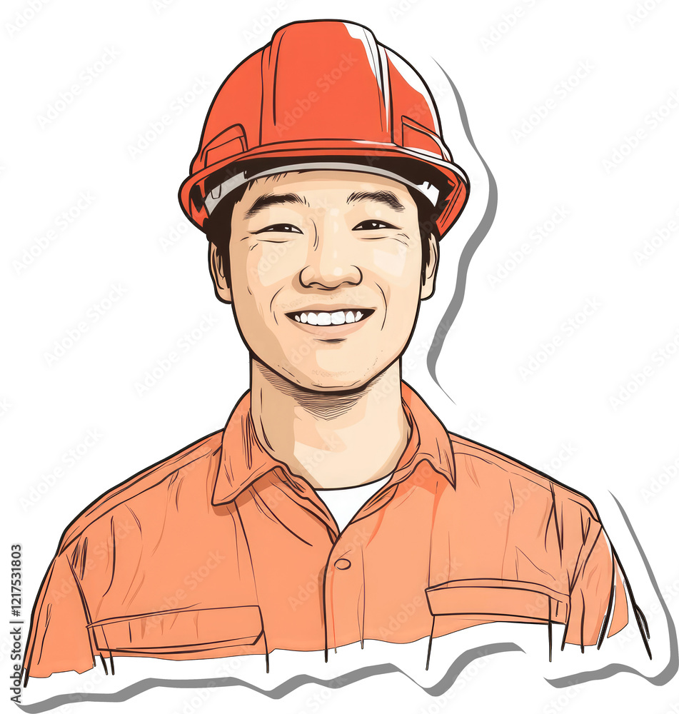 Happy Asian Construction Worker Wearing Orange Uniform Happy Asian Construction Worker Wearing Orange Uniform
