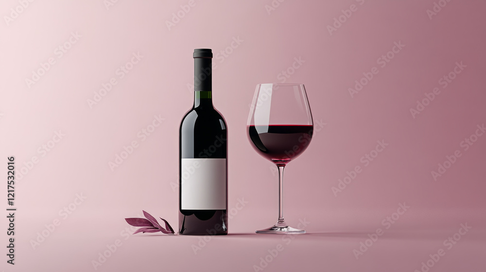 Wine bottle with blank label and glass of red wine alongside a small decorative branch on a pink background. Minimalistic studio composition with copy space. Wine branding and modern aesthetic concept Wine bottle with blank label and glass of red wine alongside a small decorative branch on a pink background. Minimalistic studio composition with copy space. Wine branding and modern aesthetic concept