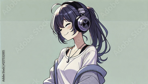 Anime Girl Listening to Music on Headphones. Relaxed and Vibrant Outdoor Illustration. Beautifully Drawn Young Character