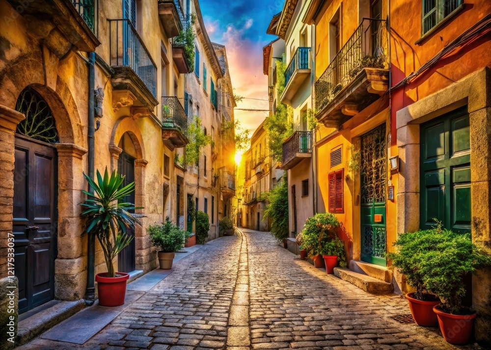 Fototapeta premium A beautiful Mediterranean city's historic buildings line sunlit alleyways, creating a picturesque travel photography scene.