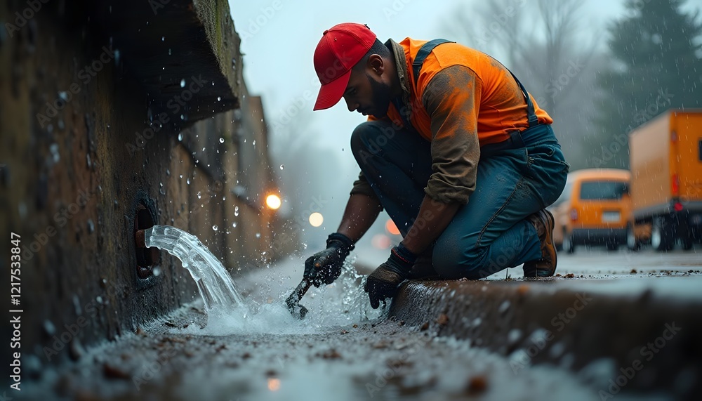Worker Repairing Leaky Water Pipe Urban Street wet Worker Repairing Leaky Water Pipe Urban Street wet