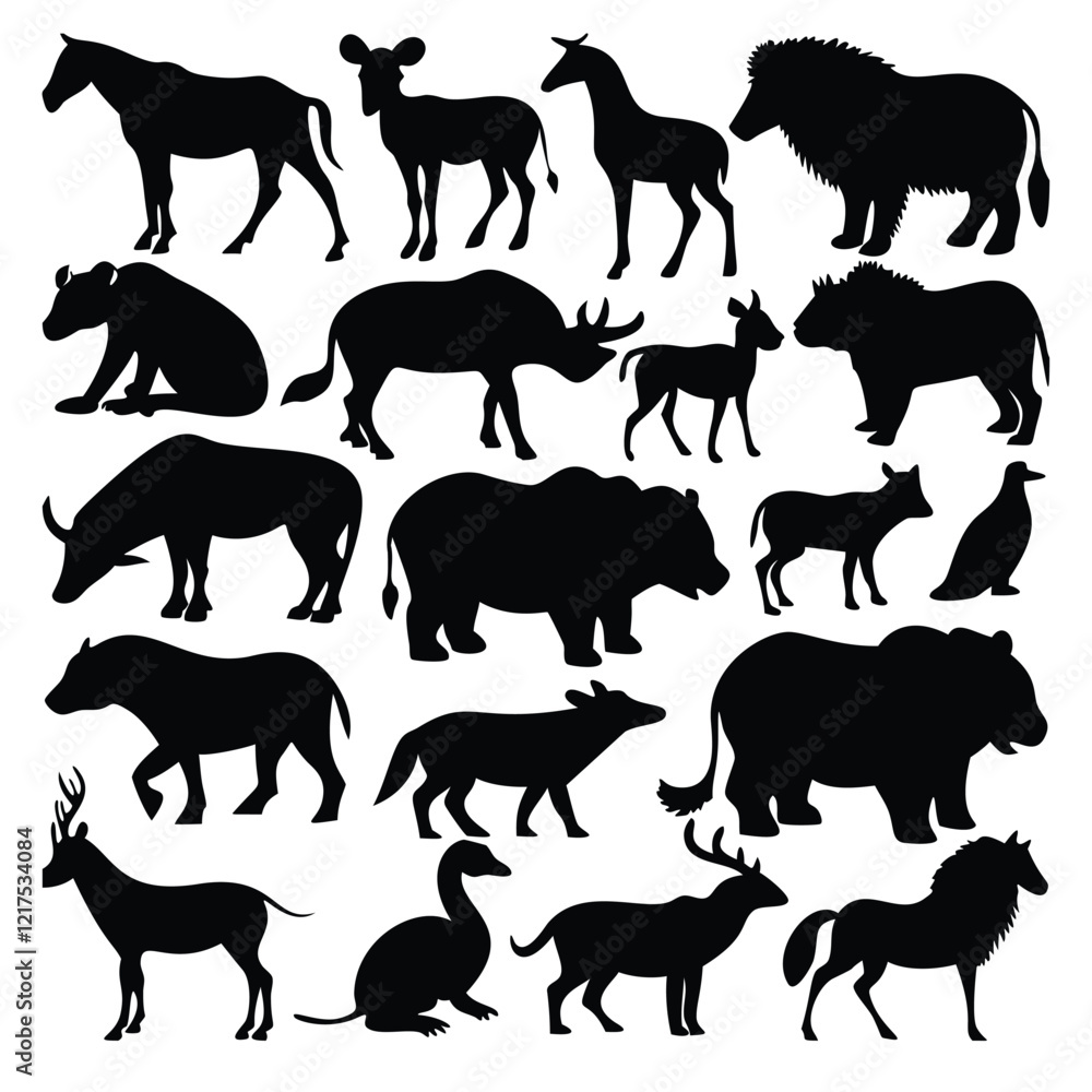 A set of black silhouette illustrations of various animals, including African mammals like zebras, giraffes, and lions, as well as other animals like bears and deer A set of black silhouette illustrations of various animals, including African mammals like zebras, giraffes, and lions, as well as other animals like bears and deer