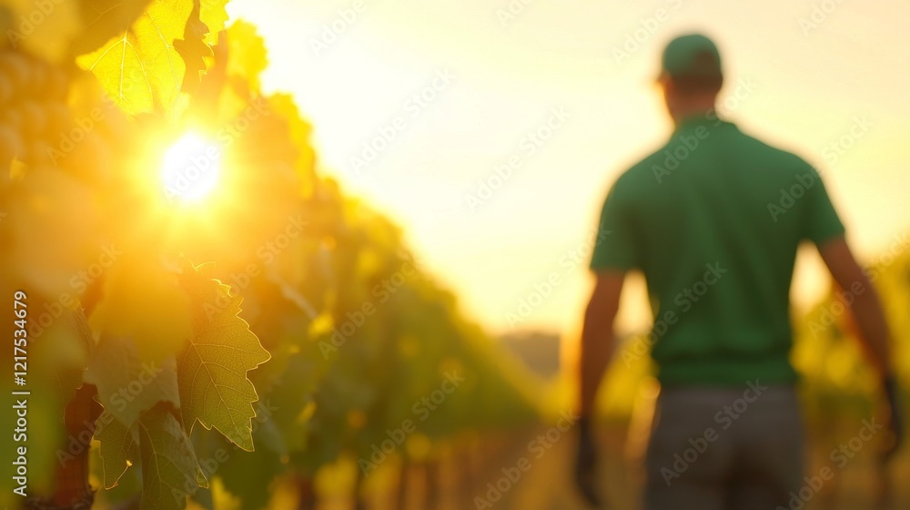 Golden Hour Vineyard Close-up Leaves, Blurred Farmer, Sunset, Winemaking, Agriculture Vineyard, Winery Golden Hour Vineyard Close-up Leaves, Blurred Farmer, Sunset, Winemaking, Agriculture Vineyard, Winery