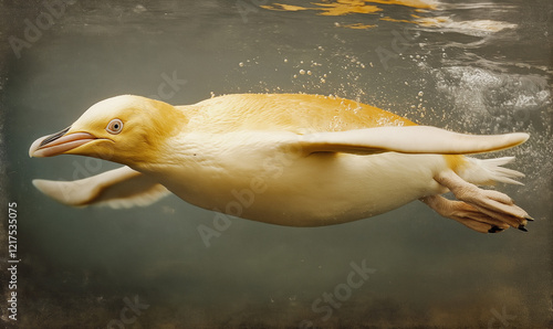  yellow and white penguin is swimming in the water, a photograph of a surreal creature with long necks on its head photo