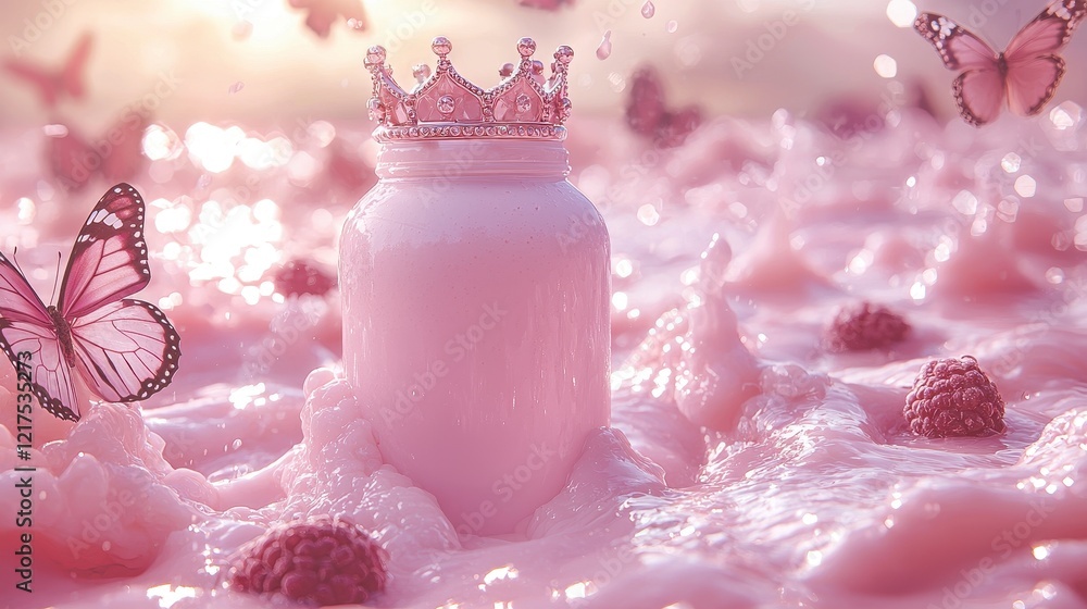 Pink yogurt jar with crown, raspberries, and butterflies in creamy liquid. Pink yogurt jar with crown, raspberries, and butterflies in creamy liquid.